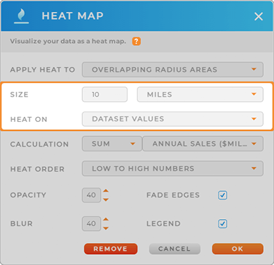 Screenshot of the Heat Map lightbox in Mapline, with the Size and Heat On sections highlighted