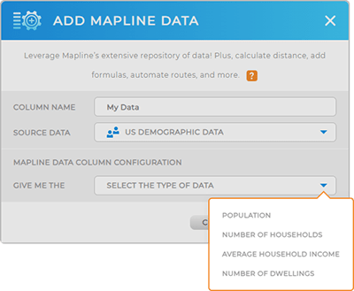 screenshot of Mapline's demographic data, with population data options highlighted