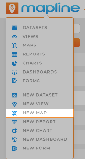Screenshot of the menu bar in Mapline, with 'New Map' highlighted