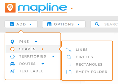 Screenshot of the Add menu in Mapline, showing that you can add lines, circles, or rectangles to your map