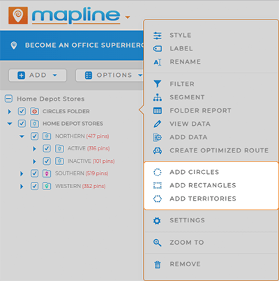 Screenshot of the Shapes customization menu in Mapline, with 'Add Shapes' highlighted