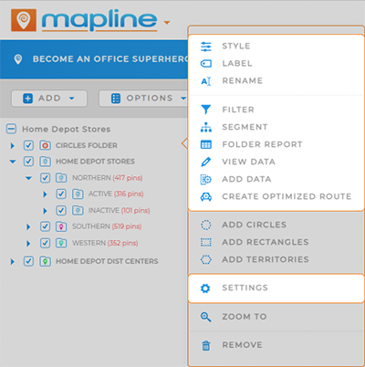 Screenshot of the Shapes customization menu in Mapline, with shape customization options highlighted