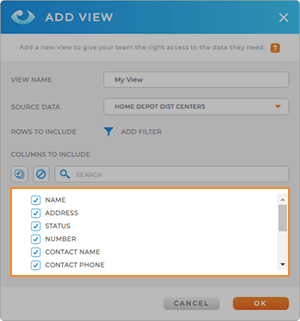 screenshot of the Add View lightbox in Mapline, with the Column selection highlighted