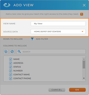 screenshot of the Add View lightbox in Mapline, with Name and Dataset highlighted